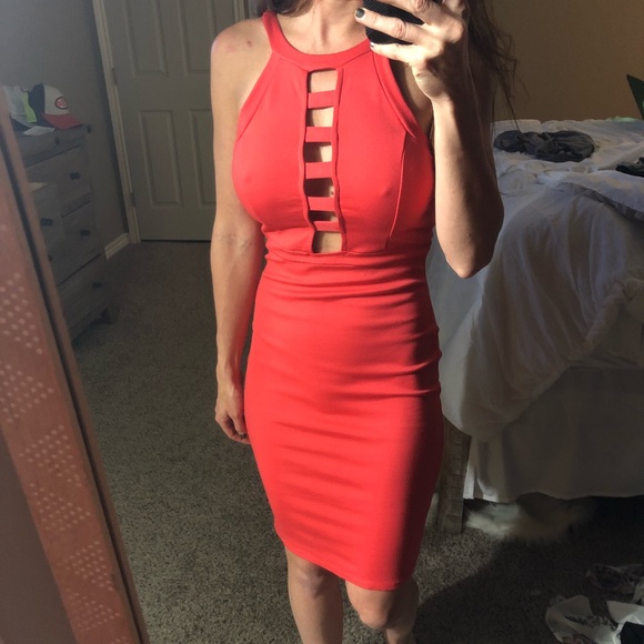 Forever 21 Dresses & Skirts - Halter Coral bodycon dress size medium